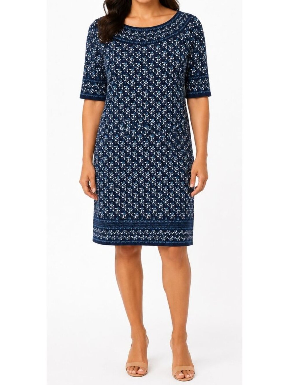 Max Studio Travel Knit Sheath Dress Women's S Blue Geometric Elbow Sleeve